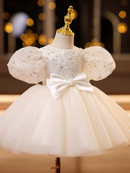 Princess Ivory Tulle Back Zip Baptism Bowknot Tea Length Short Sleeve Puff Sleeve Round Flower Girl Dress