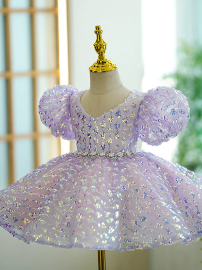 Princess Lilac Sequined Back Zip Baptism Bow(s) Tea Length Short Sleeve Puff Sleeve V-Neck Flower Girl Dress