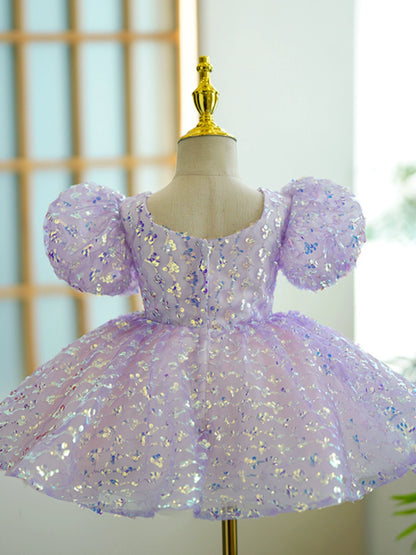 Princess Lilac Sequined Back Zip Baptism Bow(s) Tea Length Short Sleeve Puff Sleeve V-Neck Flower Girl Dress