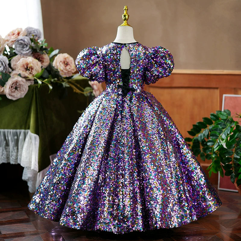 Princess Lilac Sequined Back Zip Baptism Sequins Short Sleeve Puff Sleeve Round Flower Girl Dress