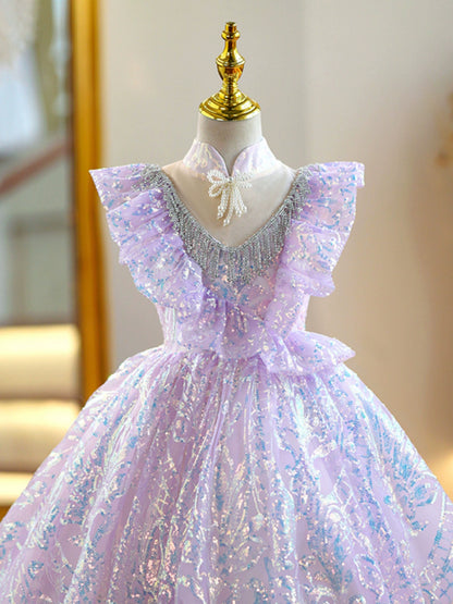 Princess Lilac Sequined Crossed Straps Baptism Beaded Floor Length Short Sleeve Cap Sleeve V-Neck Flower Girl Dress