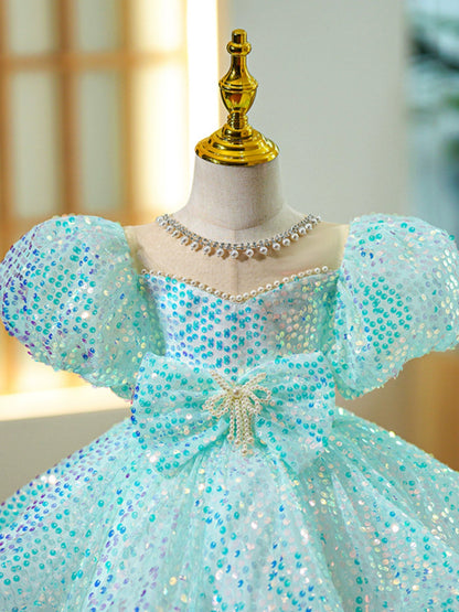 Princess Mint Green Sequined Back Zip Baptism Beaded Tea Length Short Sleeve Puff Sleeve Jewel Neck Flower Girl Dress
