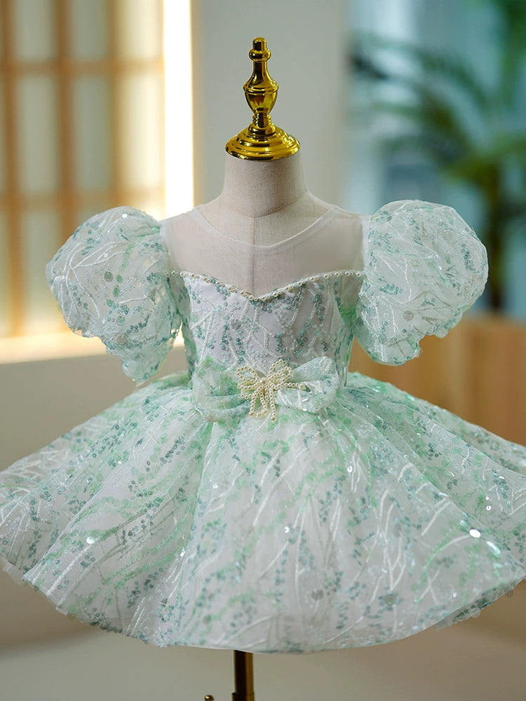 Princess Mint Green Sequined Back Zip Baptism Bow(s) Tea Length Short Sleeve Puff Sleeve Scoop Flower Girl Dress