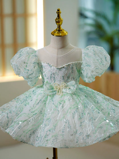 Princess Mint Green Sequined Back Zip Baptism Bow(s) Tea Length Short Sleeve Puff Sleeve Scoop Flower Girl Dress