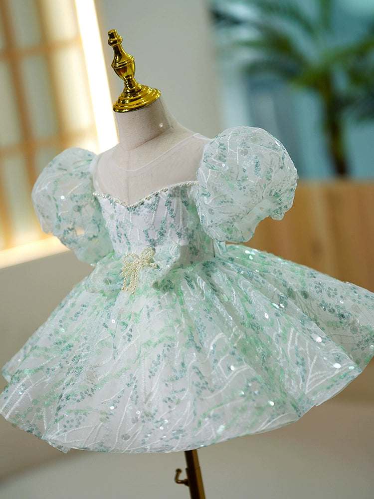 Princess Mint Green Sequined Back Zip Baptism Bow(s) Tea Length Short Sleeve Puff Sleeve Scoop Flower Girl Dress