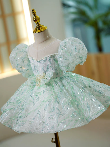 Princess Mint Green Sequined Back Zip Baptism Bow(s) Tea Length Short Sleeve Puff Sleeve Scoop Flower Girl Dress