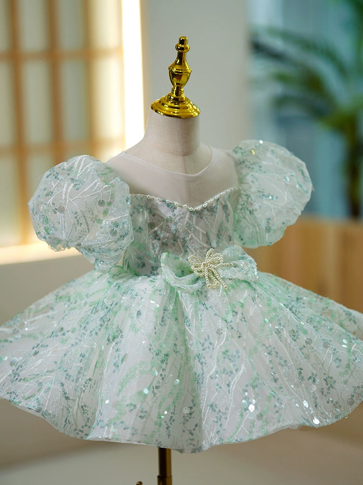 Princess Mint Green Sequined Back Zip Baptism Bow(s) Tea Length Short Sleeve Puff Sleeve Scoop Flower Girl Dress