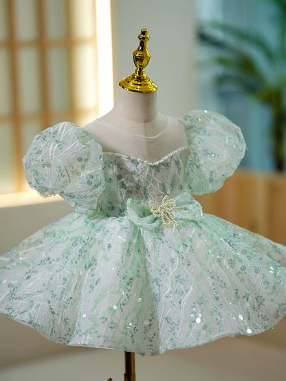 Princess Mint Green Sequined Back Zip Baptism Bow(s) Tea Length Short Sleeve Puff Sleeve Scoop Flower Girl Dress