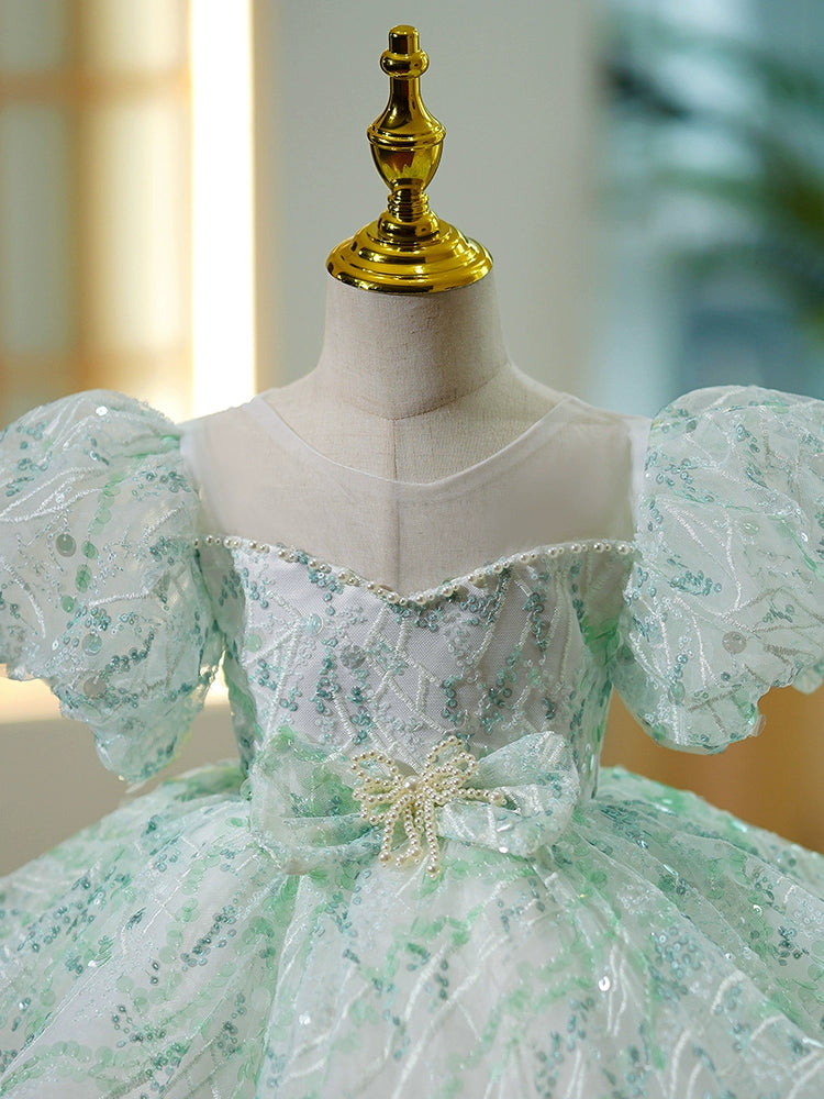 Princess Mint Green Sequined Back Zip Baptism Bow(s) Tea Length Short Sleeve Puff Sleeve Scoop Flower Girl Dress