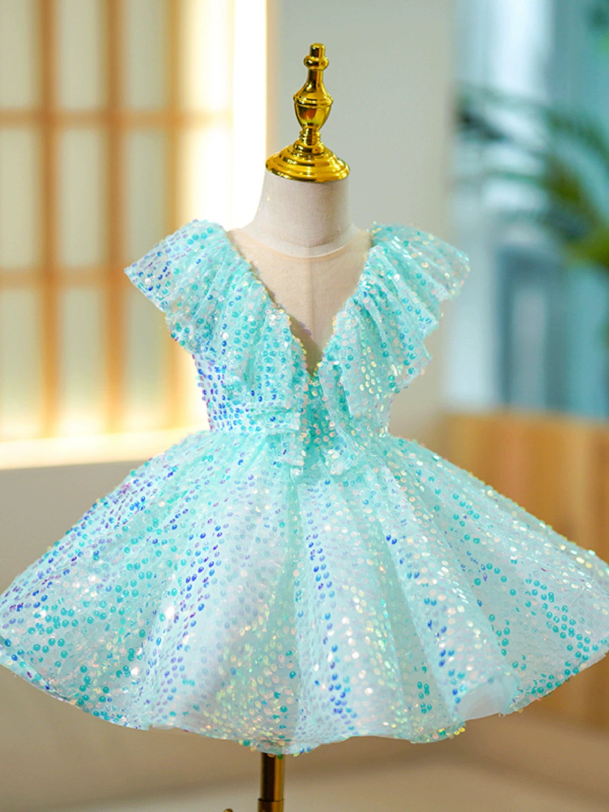 Princess Mint Green Sequined Back Zip Baptism Sequins Tea Length Sleeveless Cap Sleeve Round Flower Girl Dress