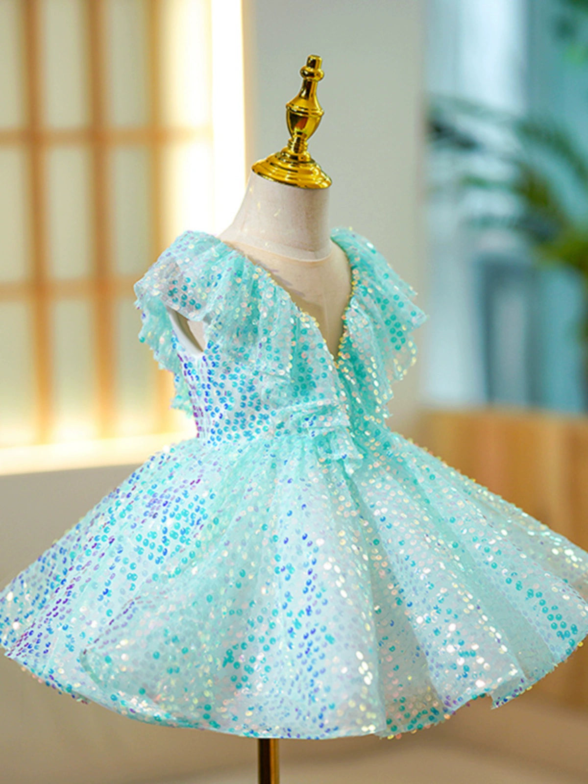 Princess Mint Green Sequined Back Zip Baptism Sequins Tea Length Sleeveless Cap Sleeve Round Flower Girl Dress