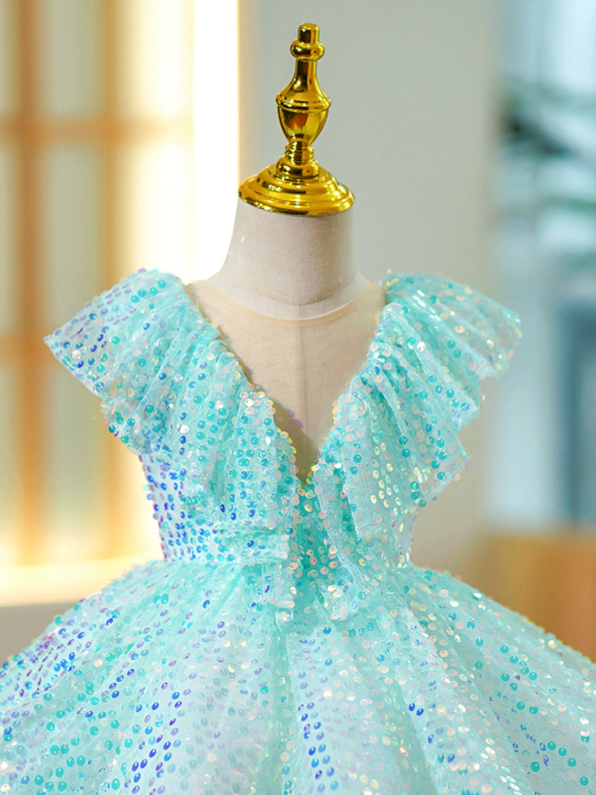 Princess Mint Green Sequined Back Zip Baptism Sequins Tea Length Sleeveless Cap Sleeve Round Flower Girl Dress