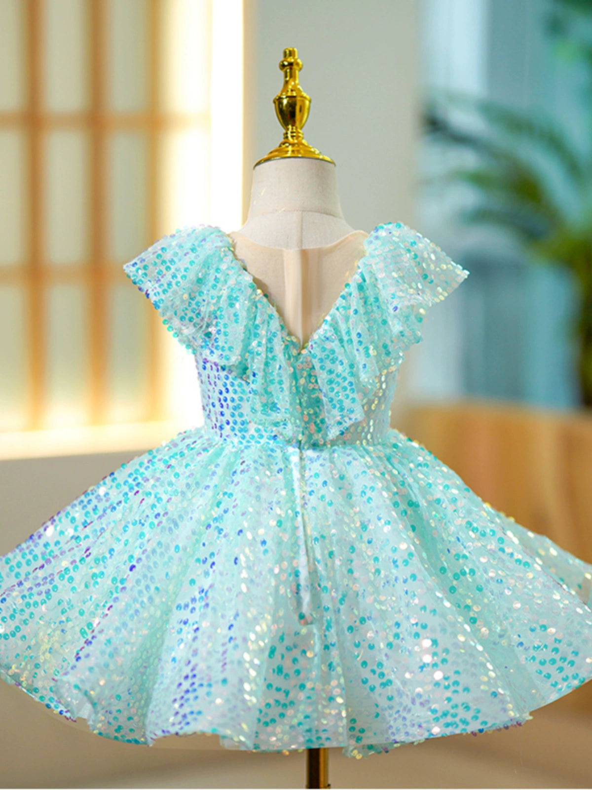 Princess Mint Green Sequined Back Zip Baptism Sequins Tea Length Sleeveless Cap Sleeve Round Flower Girl Dress