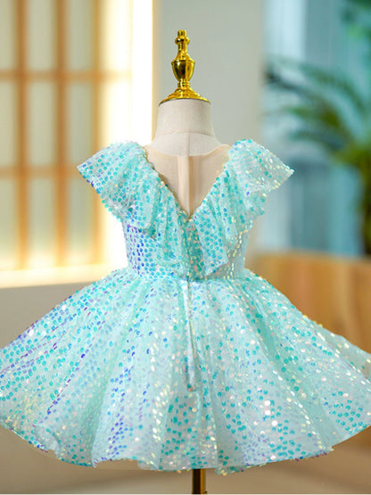 Princess Mint Green Sequined Back Zip Baptism Sequins Tea Length Sleeveless Cap Sleeve Round Flower Girl Dress