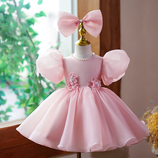 Princess Pink Organza Back Zip Baptism Flower(s) Tea Length Short Sleeve Puff Sleeve Jewel Neck Flower Girl Dress