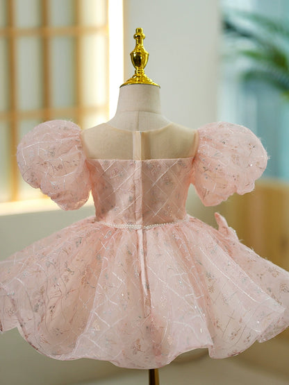 Princess Pink Organza Back Zip Baptism Flower(s) Tea Length Short Sleeve Puff Sleeve Round Flower Girl Dress