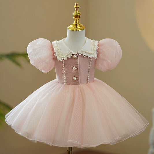 Princess Pink Organza Back Zip Baptism Lace Short Sleeve Puff Sleeve Collared Neck Flower Girl Dress