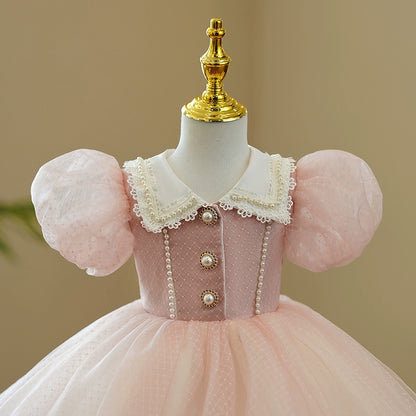 Princess Pink Organza Back Zip Baptism Lace Short Sleeve Puff Sleeve Collared Neck Flower Girl Dress