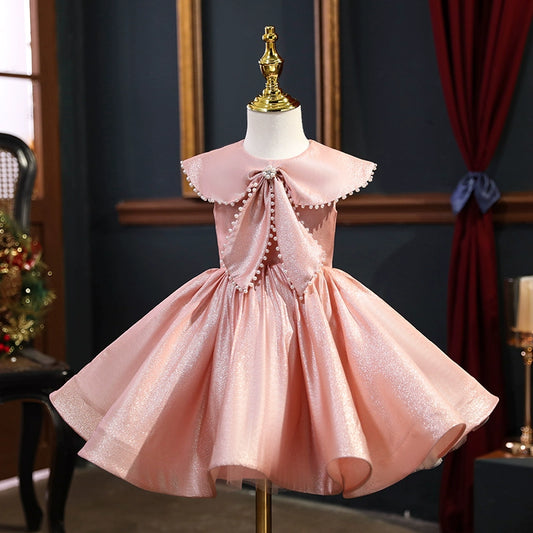 Princess Pink Satin Back Zip Baptism Beaded Tea Length Sleeveless Cap Sleeve Round Flower Girl Dress