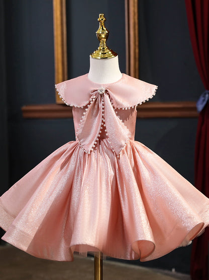 Princess Pink Satin Back Zip Baptism Beaded Tea Length Sleeveless Cap Sleeve Round Flower Girl Dress