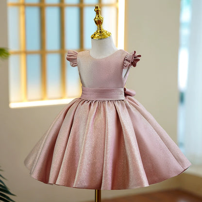 Princess Pink Satin Back Zip Baptism Bow(s) Tea Length Short Sleeve Cap Sleeve Round Flower Girl Dress