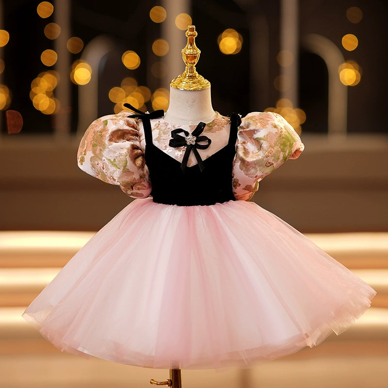Princess Pink Satin Back Zip Baptism Bow(s) Tea Length Short Sleeve Puff Sleeve Round Flower Girl Dress