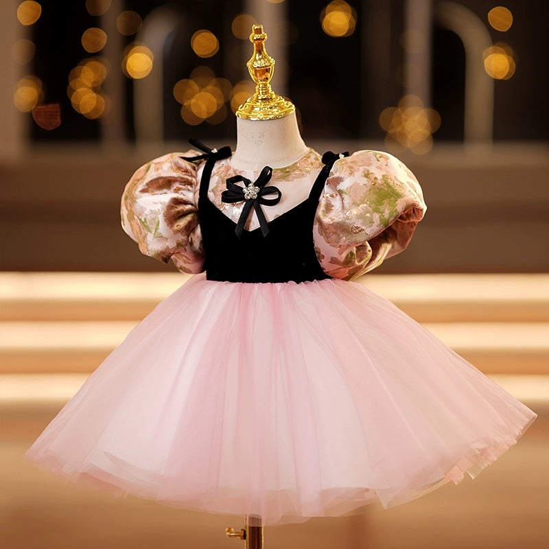 Princess Pink Satin Back Zip Baptism Bow(s) Tea Length Short Sleeve Puff Sleeve Round Flower Girl Dress