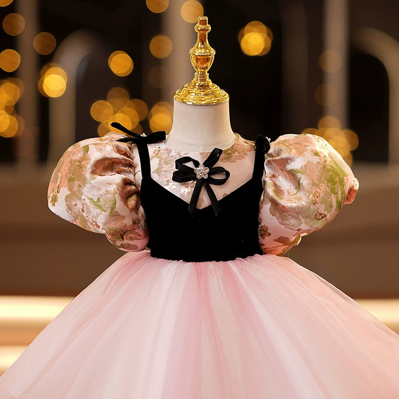 Princess Pink Satin Back Zip Baptism Bow(s) Tea Length Short Sleeve Puff Sleeve Round Flower Girl Dress