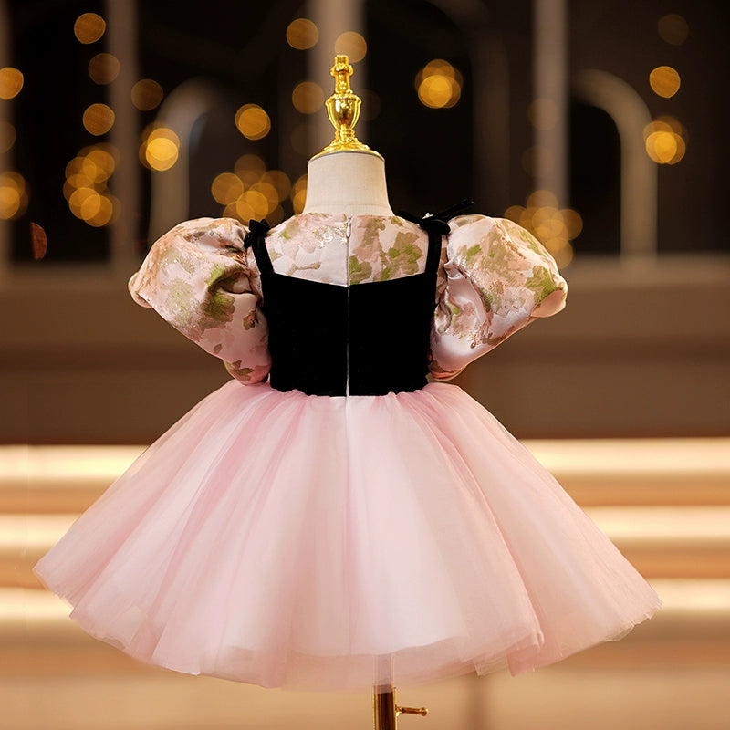 Princess Pink Satin Back Zip Baptism Bow(s) Tea Length Short Sleeve Puff Sleeve Round Flower Girl Dress