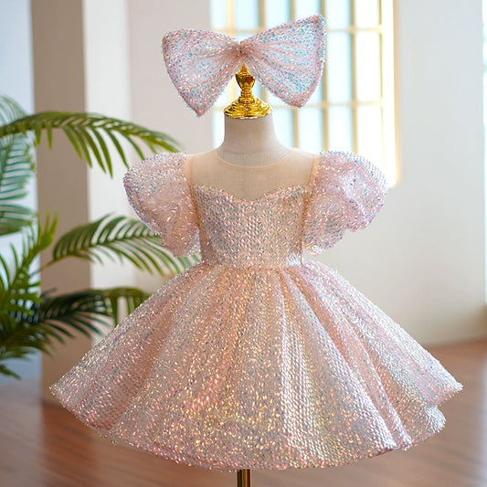 Princess Pink Sequined Back Zip Baptism Sequin Tea Length Short Sleeve Lantern Sleeve Round Flower Girl Dress
