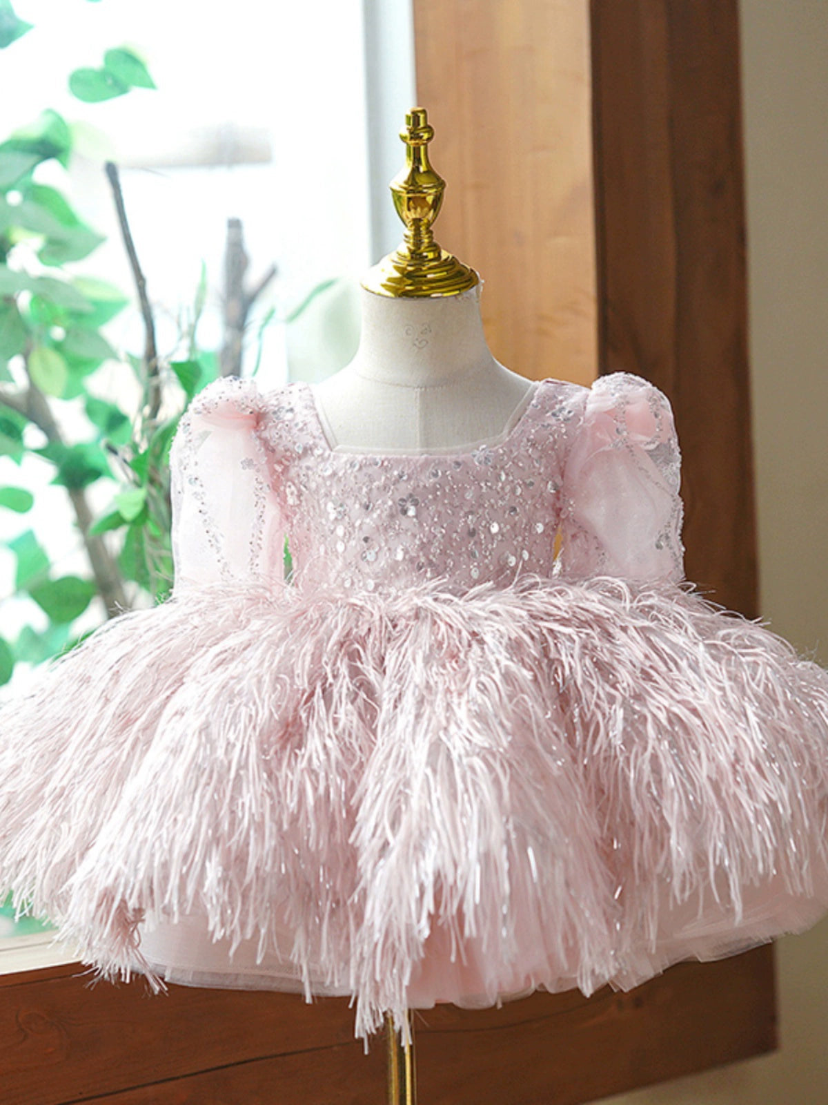 Princess Pink Sequined Back Zip Baptism Sequin Tea Length Short Sleeve Lantern Sleeve Square Flower Girl Dress
