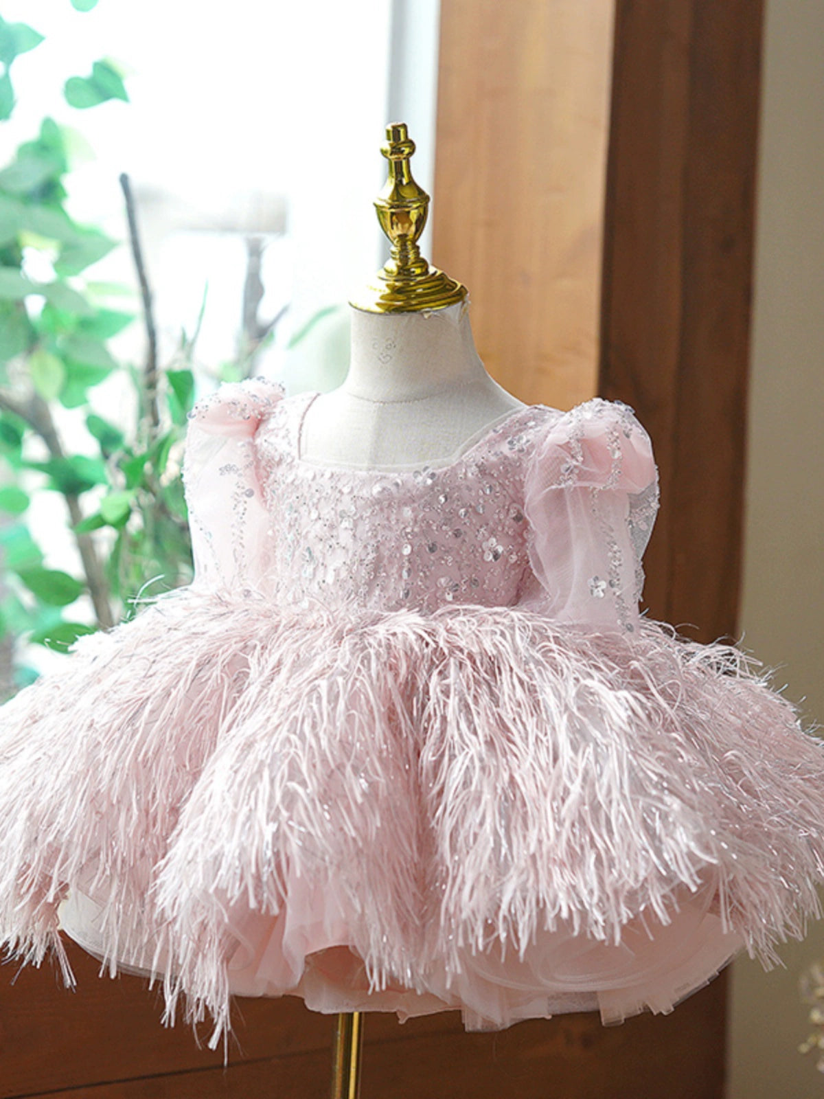 Princess Pink Sequined Back Zip Baptism Sequin Tea Length Short Sleeve Lantern Sleeve Square Flower Girl Dress