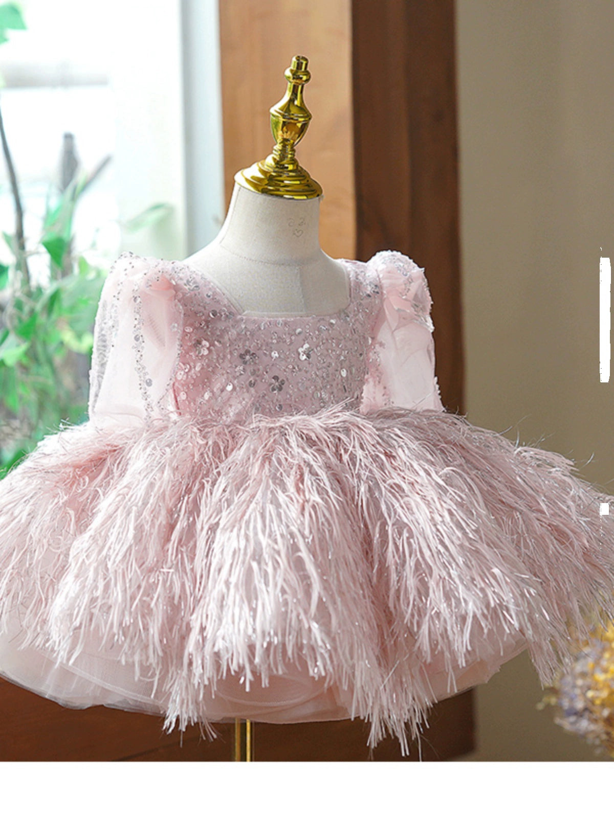 Princess Pink Sequined Back Zip Baptism Sequin Tea Length Short Sleeve Lantern Sleeve Square Flower Girl Dress