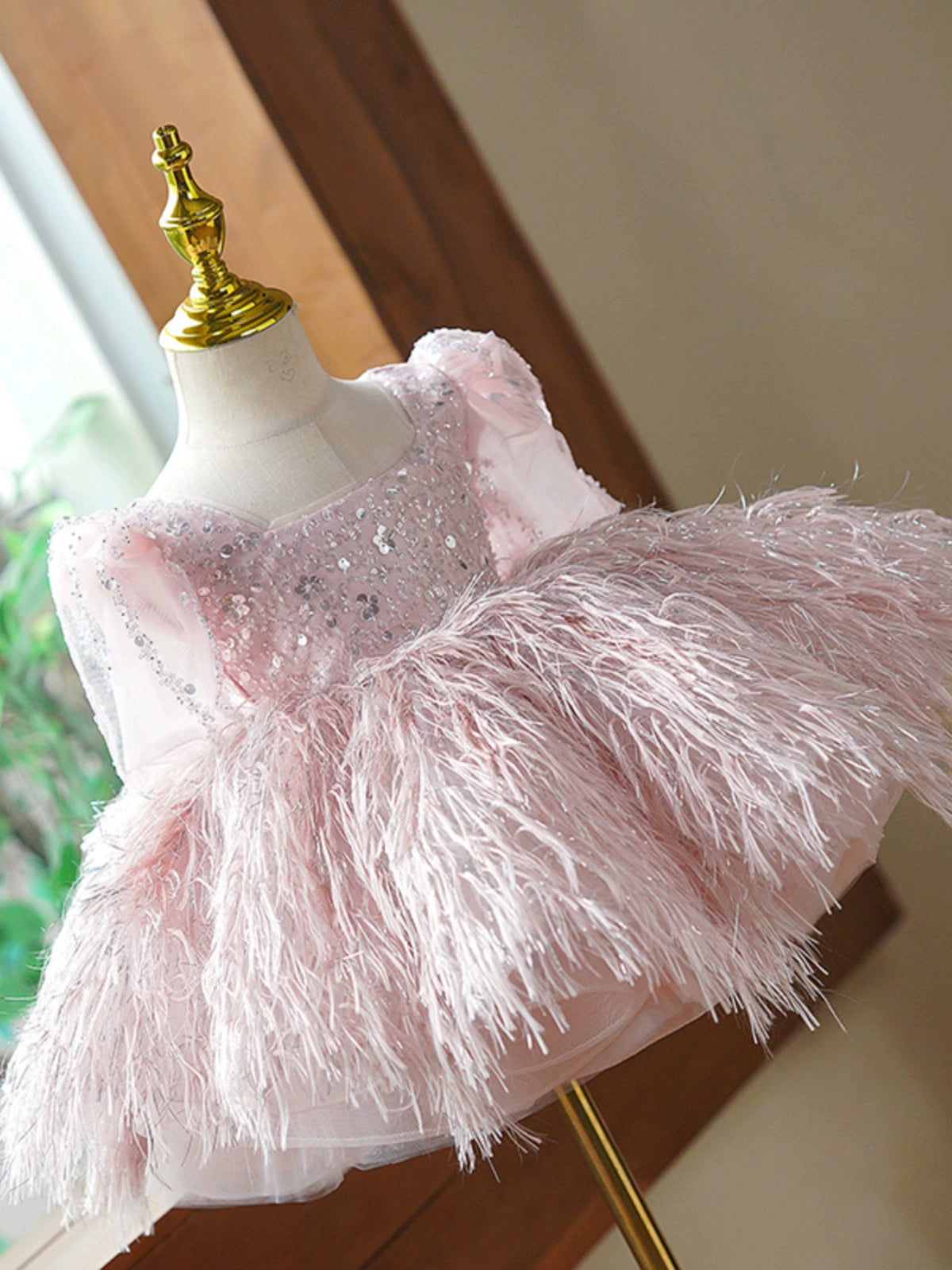 Princess Pink Sequined Back Zip Baptism Sequin Tea Length Short Sleeve Lantern Sleeve Square Flower Girl Dress