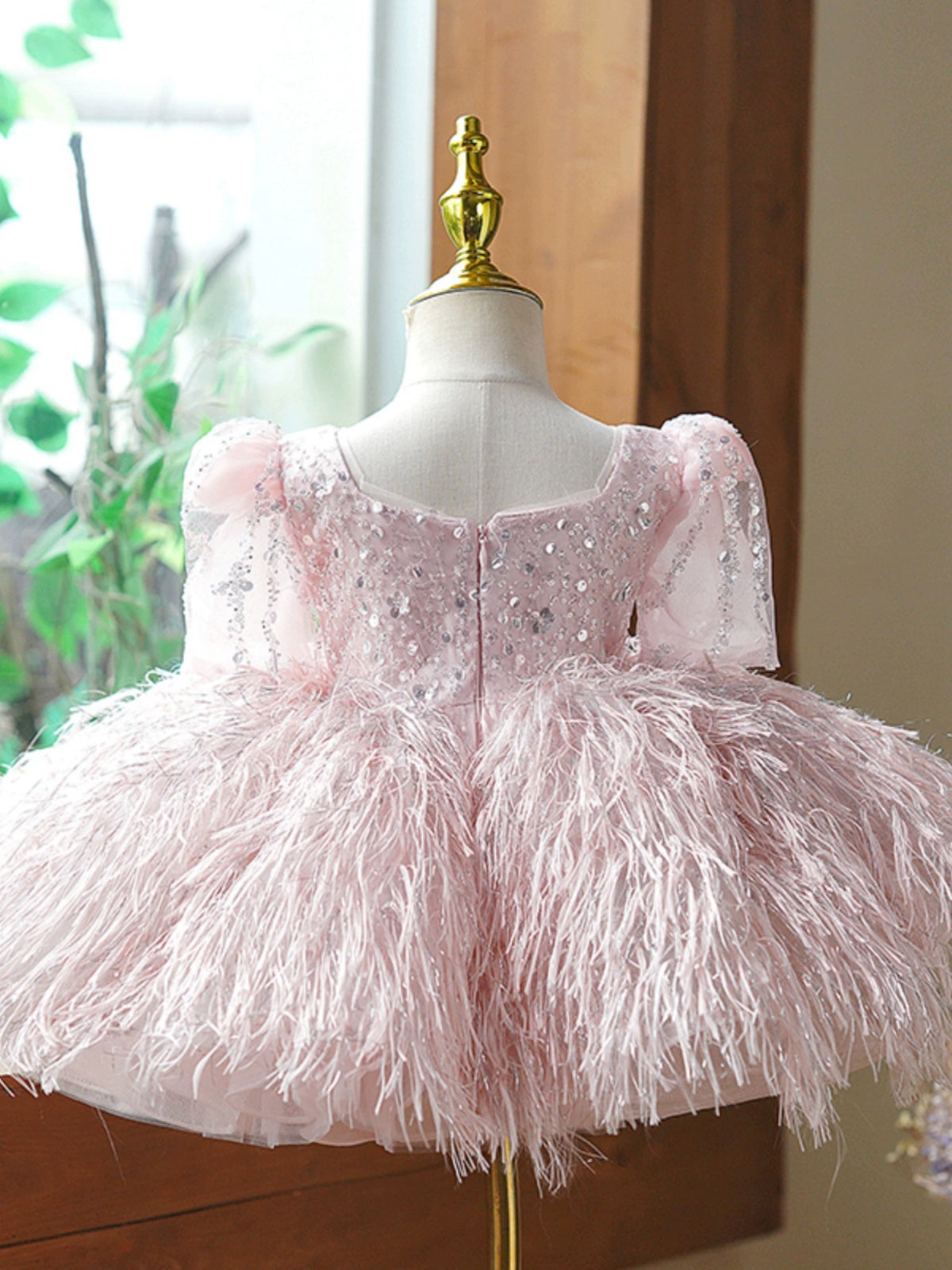 Princess Pink Sequined Back Zip Baptism Sequin Tea Length Short Sleeve Lantern Sleeve Square Flower Girl Dress
