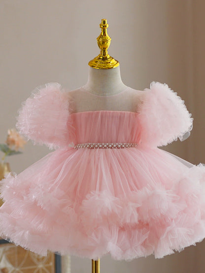 Princess Pink Tulle Back Zip Baptism Beaded Tea Length Short Sleeve Cold Shoulder Sleeve Round Flower Girl Dress