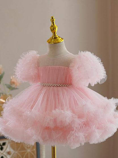 Princess Pink Tulle Back Zip Baptism Beaded Tea Length Short Sleeve Cold Shoulder Sleeve Round Flower Girl Dress