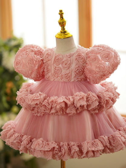 Princess Pink Tulle Back Zip Baptism Flower(s) Tea Length Short Sleeve Puff Sleeve Round Flower Girl Dress