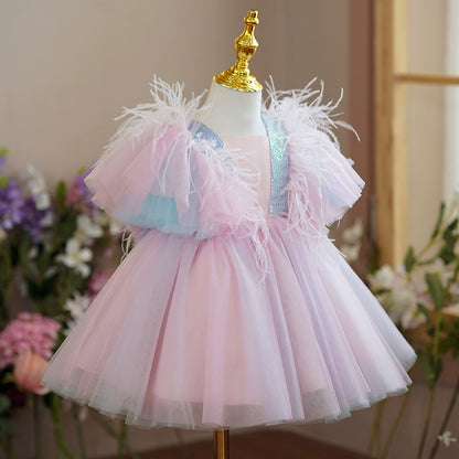 Princess Pink Tulle Back Zip Baptism Sequins Short Sleeve Cap Sleeve Square Flower Girl Dress