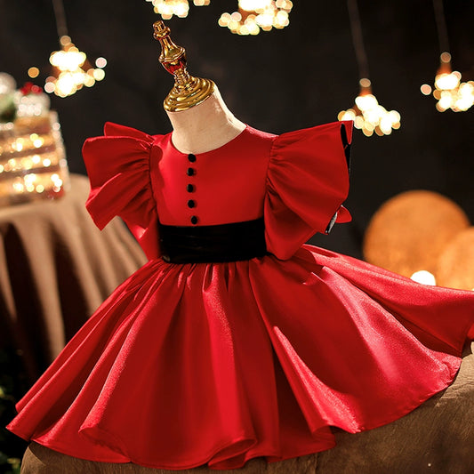 Princess Red Satin Back Zip Baptism Tea Length Short Sleeve Flutter Sleeve Round Flower Girl Dress