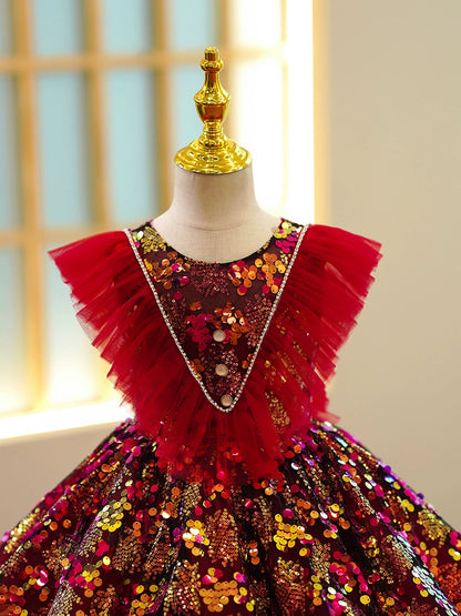 Princess Red Sequined Back Zip Baptism Sequin Tea Length Sleeveless Round Flower Girl Dress