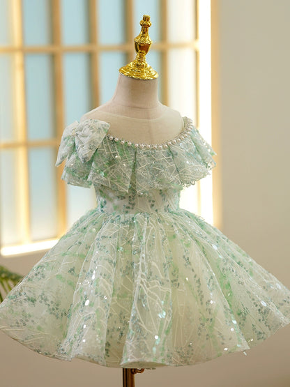 Princess Sage Green Sequined Back Zip Baptism Beaded Tea Length Short Sleeve Cap Sleeve Off Shoulder Flower Girl Dress