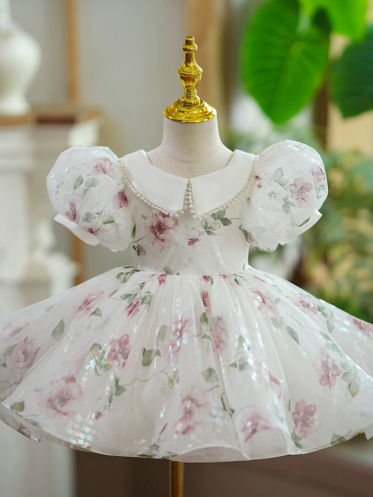Princess White Organza Back Zip Baptism Flower(s) Tea Length Short Sleeve Puff Sleeve Collared Neck Flower Girl Dress