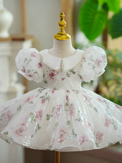 Princess White Organza Back Zip Baptism Flower(s) Tea Length Short Sleeve Puff Sleeve Collared Neck Flower Girl Dress