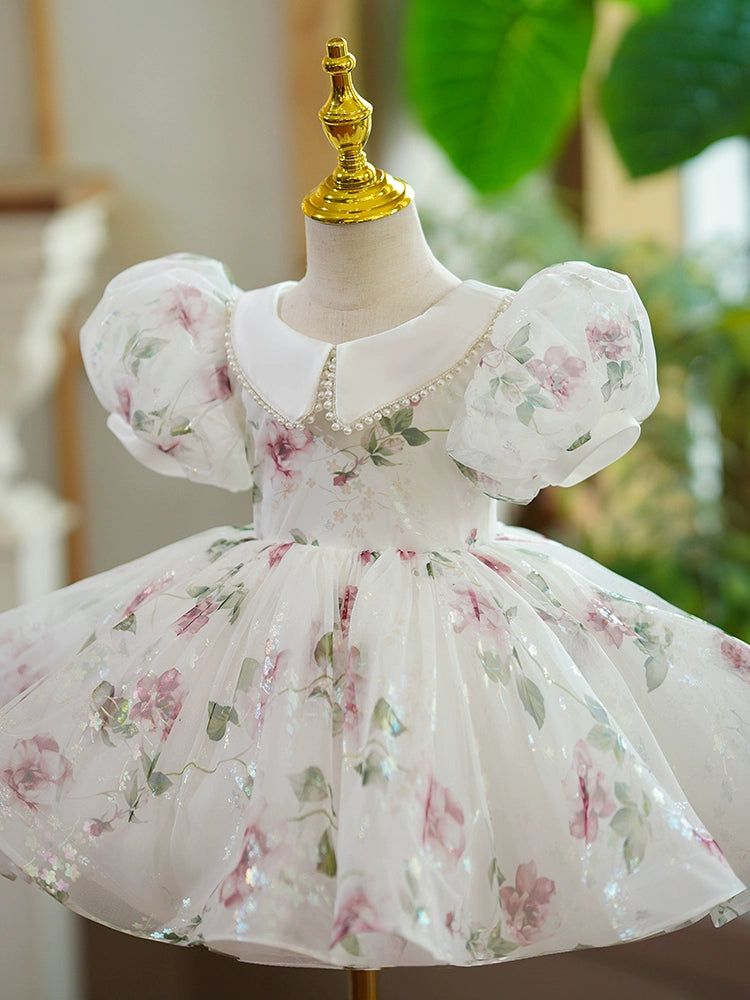 Princess White Organza Back Zip Baptism Flower(s) Tea Length Short Sleeve Puff Sleeve Collared Neck Flower Girl Dress
