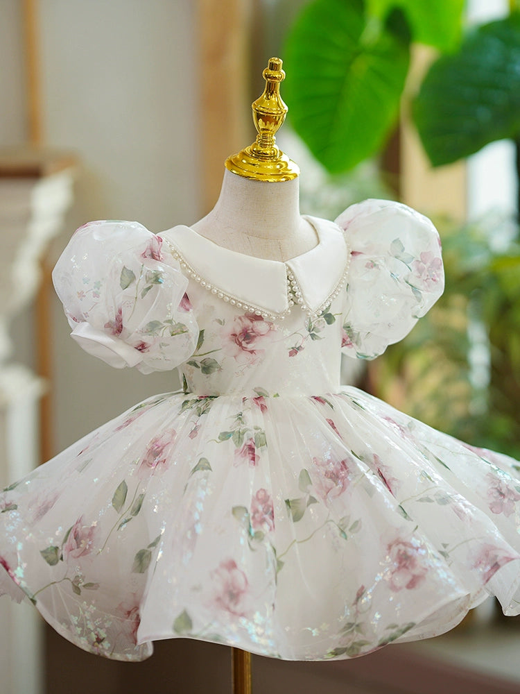 Princess White Organza Back Zip Baptism Flower(s) Tea Length Short Sleeve Puff Sleeve Collared Neck Flower Girl Dress