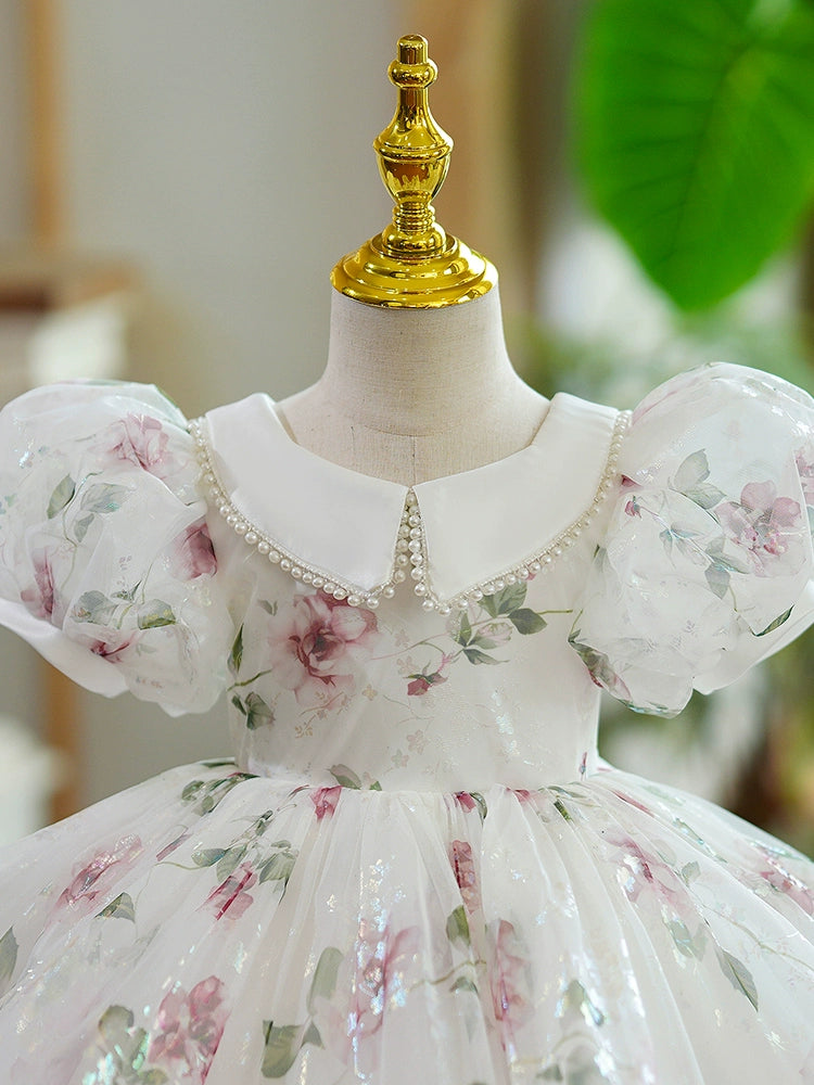 Princess White Organza Back Zip Baptism Flower(s) Tea Length Short Sleeve Puff Sleeve Collared Neck Flower Girl Dress