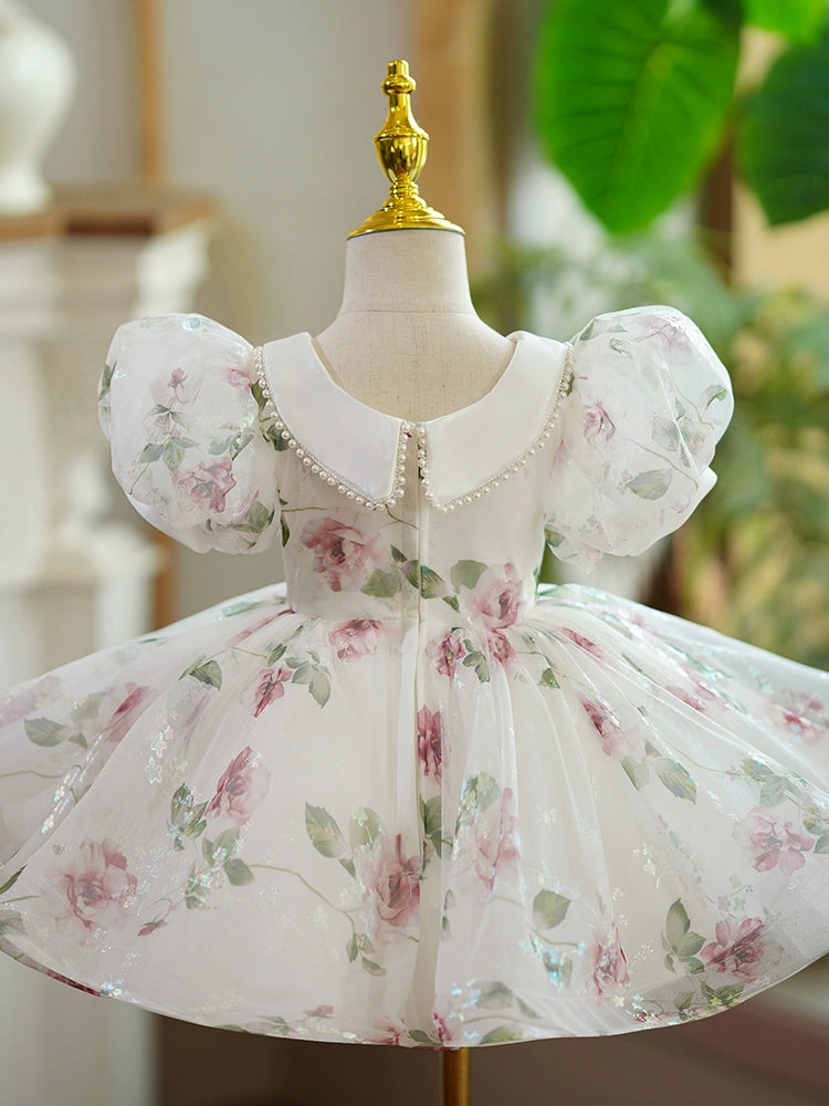 Princess White Organza Back Zip Baptism Flower(s) Tea Length Short Sleeve Puff Sleeve Collared Neck Flower Girl Dress