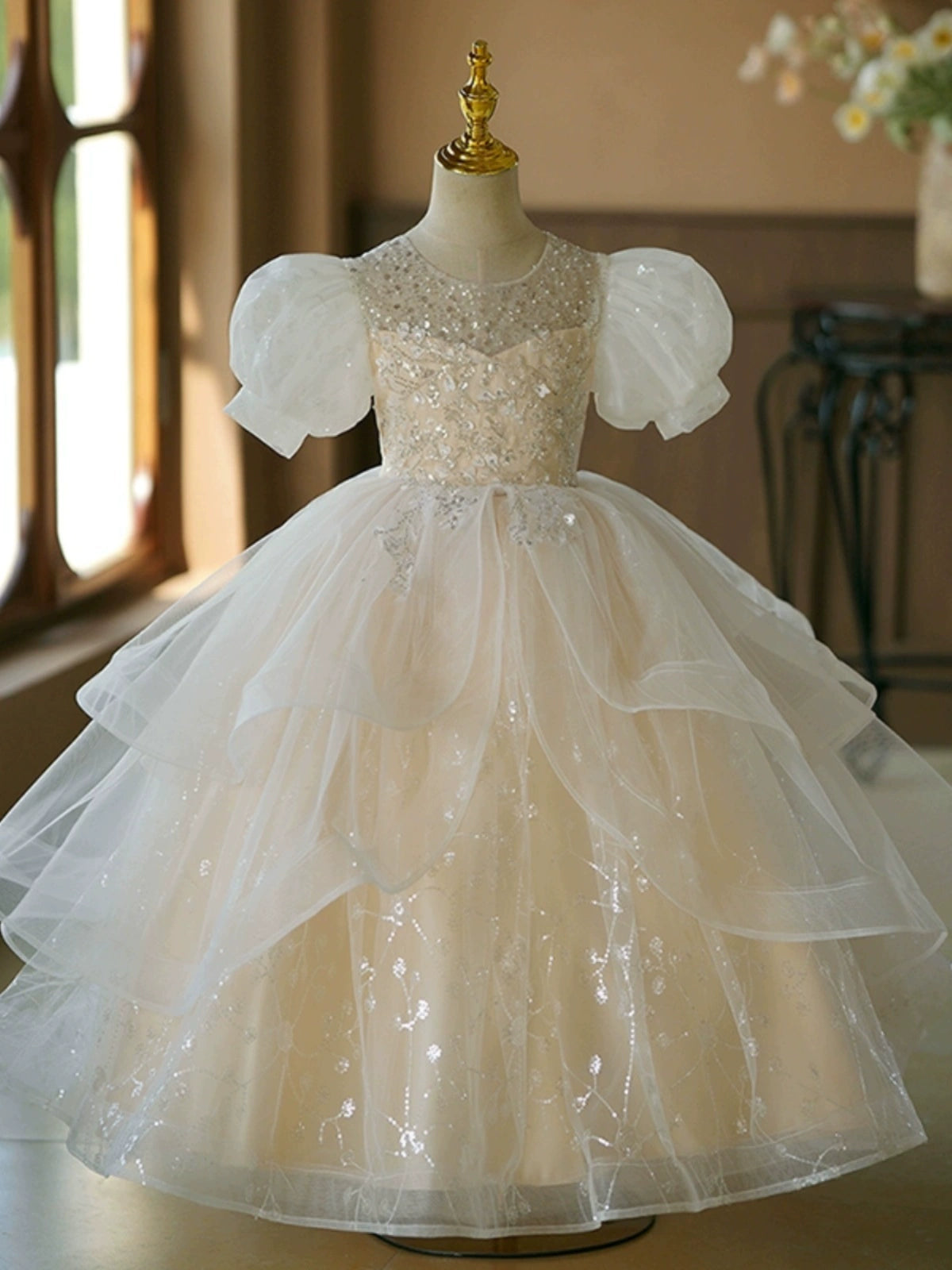 Princess White Organza Crossed Straps Baptism Cascading Ruffles Floor Length Short Sleeve Puff Sleeve Round Flower Girl Dress