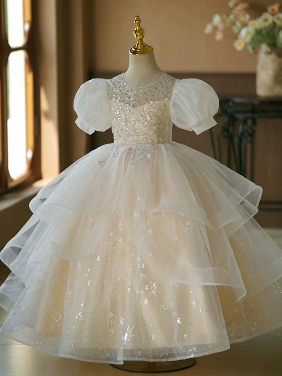 Princess White Organza Crossed Straps Baptism Cascading Ruffles Floor Length Short Sleeve Puff Sleeve Round Flower Girl Dress